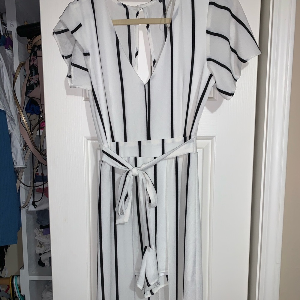 Black & white striped high/low shorts romper